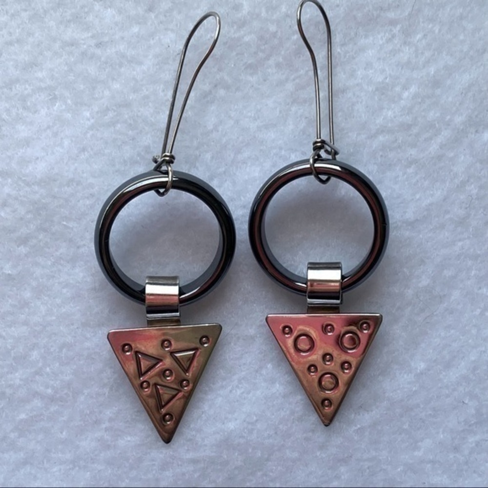 Vintage Art Deco Sterling Silver Arrow Hematite Hoop Ring Drop Arrow Earrings